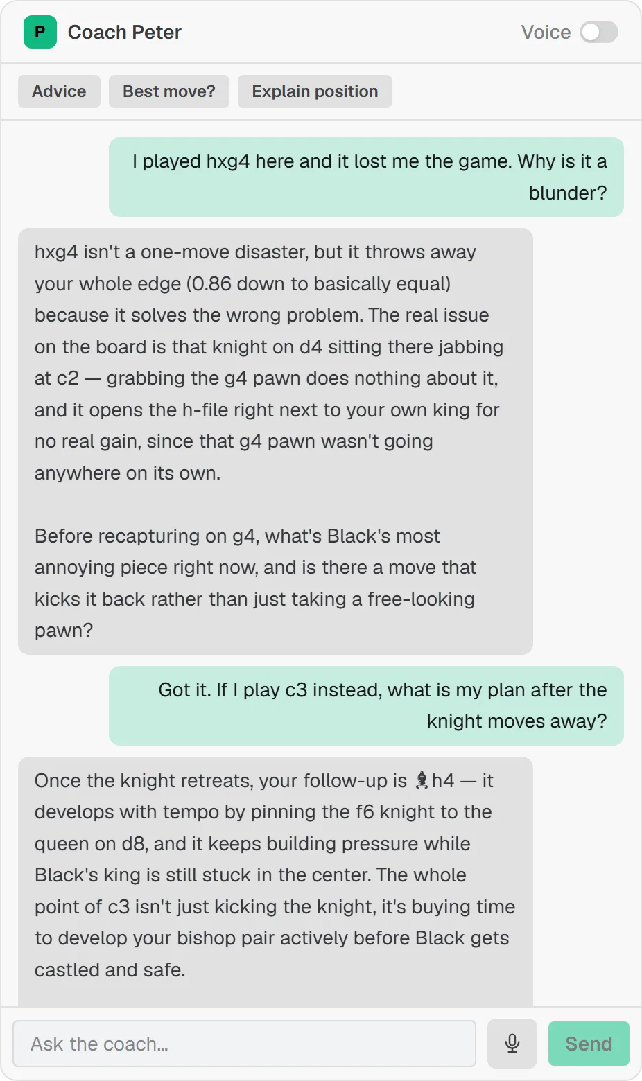Coach chat: the player asks why hxg4 was a blunder and the coach answers with the concrete plan, grounded in the engine